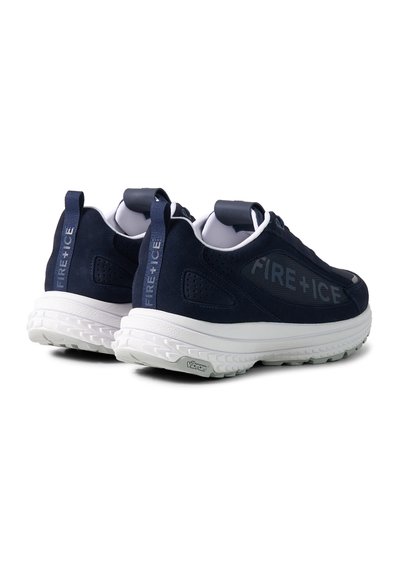 Pair of navy blue and white athletic shoes with thick soles, "FIRE+ICE" branding on sides and heel pull tabs, shown from the back and side angle.
