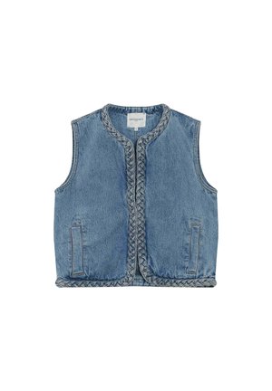 Gilet di jeans blu senza maniche con rifinitura intrecciata lungo il colletto, l'apertura frontale e l'orlo, dotato di due tasche frontali a fessura.