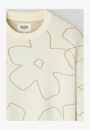 Pull en tricot crème avec de grands motifs floraux délimités en marron clair et un col rond côtelé, étiquette BZB Loose taille L.