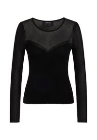 Black long-sleeve top featuring a sheer yoke and ribbed texture, with a fitted silhouette and a round neckline. Subtle logo detail at the hem.