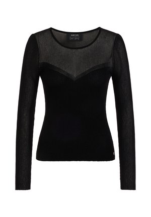 Schwarzes Langarmshirt mit transparentem Einsatz an der Passe und geripptem Material, figurbetontem Schnitt und rundem Halsausschnitt. Dezentes Logo-Detail am Saum.