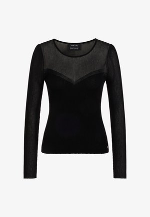 Schwarzes Langarmshirt mit transparentem Einsatz an der Passe und geripptem Material, figurbetontem Schnitt und rundem Halsausschnitt. Dezentes Logo-Detail am Saum.