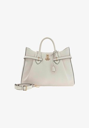 Sac à main gris clair en matière texturée avec garniture noire, deux poignées et une bandoulière amovible. Présente un logo et des accents décoratifs.