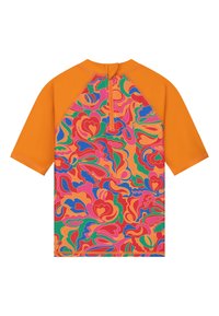 Rövid ujjú rash guard narancssárga elülső résszel, hátul élénk rózsaszín, zöld és kék virágmintával, cipzárral.