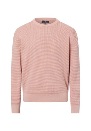 Jasnoróżowy sweter o splocie waflowym, z długimi rękawami i okrągłym dekoltem, z prążkowanymi mankietami i zakończeniem, przedstawiony na białym tle.