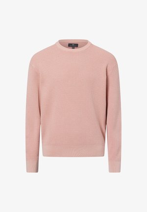 Pull rose clair en maille gaufrée à manches longues avec col rond, bord-côtes aux poignets et à la base, présenté sur fond blanc.
