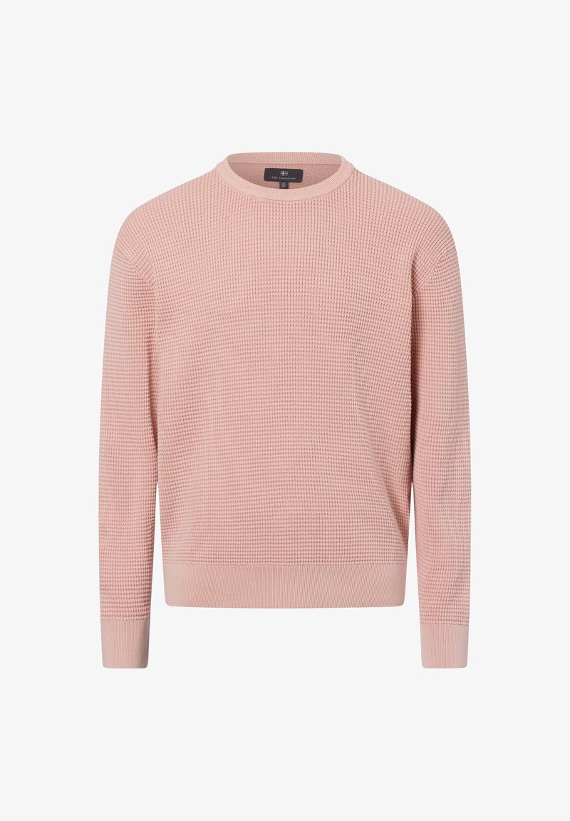 Pull rose clair en maille gaufrée à manches longues avec col rond, bord-côtes aux poignets et à la base, présenté sur fond blanc.