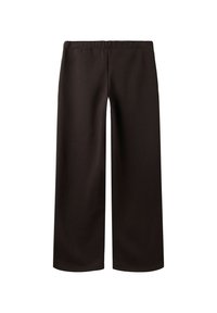 Brūnas plaša piegriezuma bikses ar elastīgu jostu, vienkārša dizaina, bez redzamām kabatām vai rotājumiem.