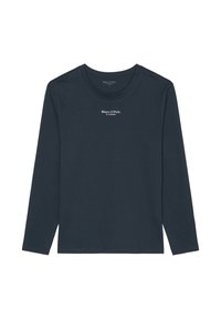 Navy long-sleeve t-shirt made of cotton with a crew neckline. Features a small white logo printed on the chest. Soft, smooth texture.