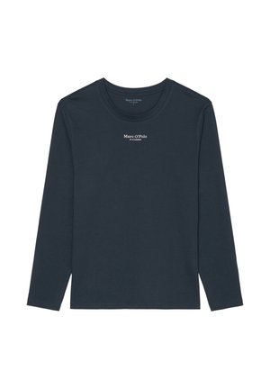 Navy long-sleeve t-shirt made of cotton with a crew neckline. Features a small white logo printed on the chest. Soft, smooth texture.