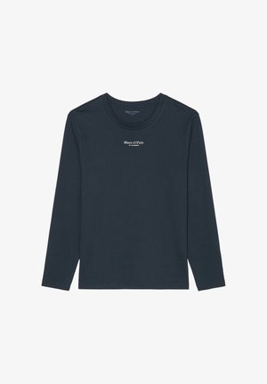 Marineblaues Langarm-T-Shirt aus Baumwolle mit Rundhalsausschnitt. Auf der Brust befindet sich ein kleines weißes Logo. Weiche, glatte Textur.