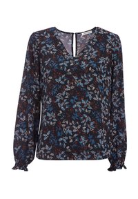Blouse à manches longues en tissu sombre avec un motif floral bleu, blanc et rouge. Présente un décolleté en V et des poignets froncés. Fins d manches élastiques.