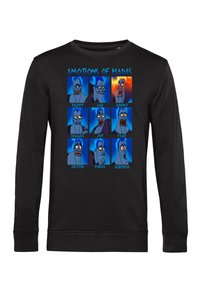 Sudadera negra de manga larga con gráficos de cuadrados que muestran a un personaje de dibujos animados azul expresando varias emociones, etiquetadas debajo de cada cuadrado.