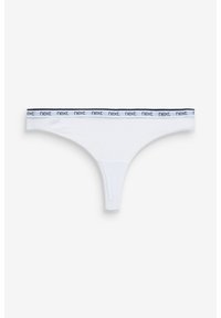 Un string blanc en coton, avec une ceinture élastique bleu marine arborant le logo "next" en répétition. Texture lisse, design minimaliste.