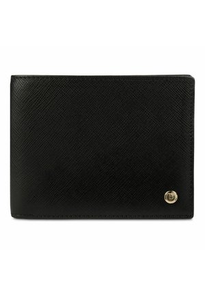 Portafoglio nero in pelle testurizzata con doppia piegatura, con piccolo emblema rotondo dorato nell'angolo in basso a destra, chiuso e mostrato frontalmente.