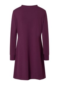 Dark purple long-sleeve tunic dress with a slight A-line shape and simple round neckline, shown from the back.