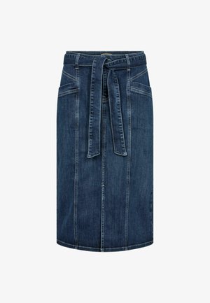 Tamno plavi traper suknja s vezanom strukom, džepovima i kontrastnim šavovima. Ravnog kroja, do koljena, i glatke teksture.