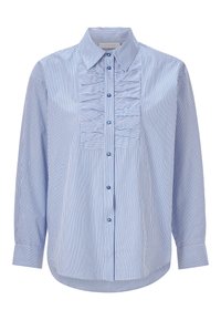 Camicia a righe con bottoni in azzurro chiaro e bianco, caratterizzata da un pannello testurizzato al centro, maniche lunghe e colletto classico.