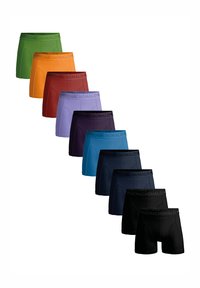 Blandade boxershorts för män i olika färger: grön, orange, gul, röd, lila, blå, mörkblå och svart. Har elastisk midjeband.