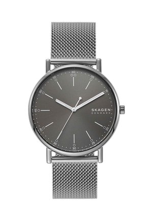 Sølv Skagen armbåndsur med grå minimalistisk urskive, mesh-rem og time-, minut- og sekundviser, der viser 10:10:35.