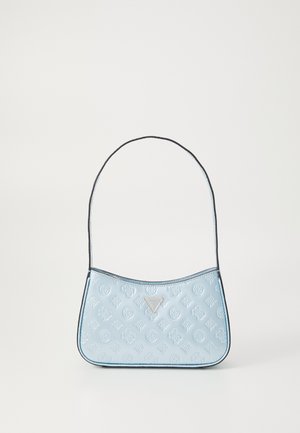 Light blue embossed leather handbag with a curved shape, contrasting black trim, and a silver logo accent in the center.
