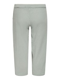Pantalon gris clair coupé avec taille élastique et tissu texturé, montré de dos.