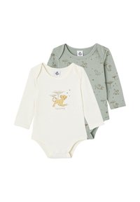 Set aus zwei Langarm-Babybodysuits. Einer weiß mit einem Löwengrafik und Text, der andere hellgrün mit Tiermustern. Aus weichem Baumwollmaterial.