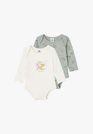Set of two long-sleeve baby bodysuits. One white with a lion graphic and text, the other light green with animal patterns. Soft cotton material.