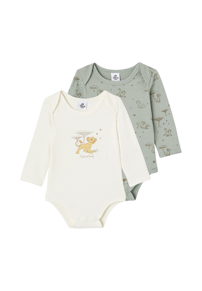 Set aus zwei Langarm-Babybodysuits. Einer weiß mit einem Löwengrafik und Text, der andere hellgrün mit Tiermustern. Aus weichem Baumwollmaterial.