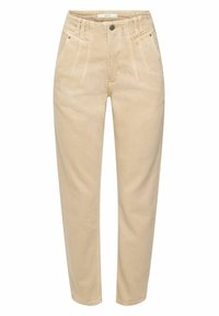 Pantalons taille haute beige en coton. Caractéristiques : plis, fermeture éclair, poches avant et design structuré.