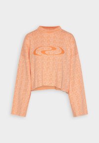 Cropped, long-sleeve sweatshirt in textured orange fabric. Features a circular logo in a contrasting orange color on the front.