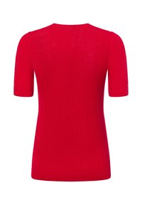 Rotes Kurzarm-Oberteil mit geripptem Textur. Hat einen Rundhalsausschnitt und eine taillierte Passform, ideal für die Freizeit. Rückansicht.