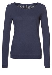 Marineblauw shirt met lange mouwen en een ronde halslijn. Heeft kantdetails op de schouder, een zachte textuur en een aansluitend silhouet.