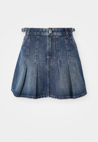Fustă din denim cu o nuanță albastră închisă, design plisat, închidere cu buton și bucle pentru curea. Are accente de cusătură subtile și buzunare laterale.