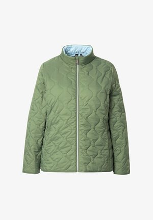 Quilted grüne Jacke mit einem hohen Kragen, Frontreißverschluss und hellblauer Innenausstattung. Verfügt über ein sechseckiges Muster und ein minimalistisches Design.
