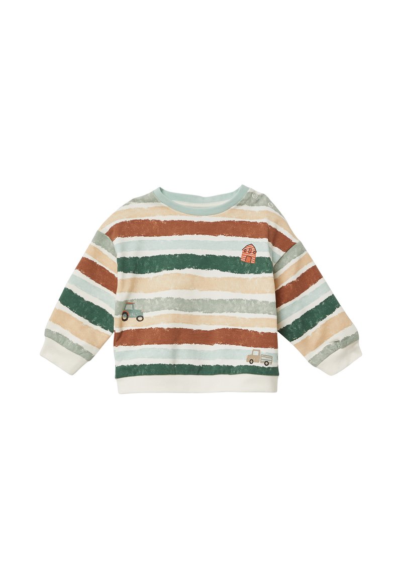 Pullover a righe nei colori beige, verde e ruggine, realizzato in tessuto morbido, con collo rotondo e ricamo di veicoli e un fienile.