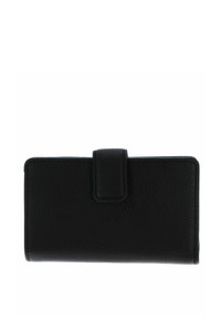 Portafoglio nero realizzato in pelle testurizzata con chiusura frontale. Presenta una forma rettangolare e un design minimalista, adatto per l'uso quotidiano.