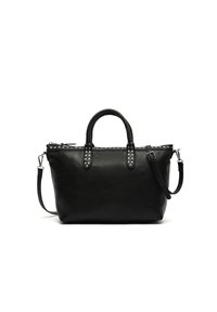 Borsa in pelle nera con due manici tondi, tracolla removibile, borchie argentate sulla parte superiore e chiusura con zip. Texture liscia.