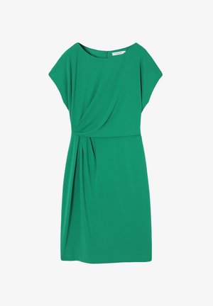 Zöld rövid ruha puffos ujjakkal, puha anyagból, rakott dizájnnal a deréknál és egy diszkrét hátsó cipzárral.