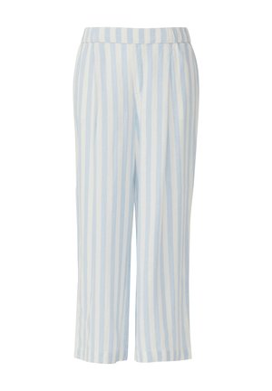 Pantaloni tagliati a righe blu chiaro e bianchi con una texture liscia, vita elastica e tasche laterali. Tessuto leggero per il massimo comfort.