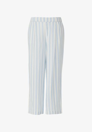 Pantalons cropped rayés bleu clair et blanc avec une texture lisse, taille élastique et poches latérales. Tissu léger pour un confort optimal.