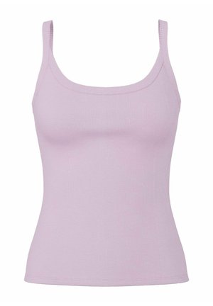 Débardeur en maille côtelée lilas avec encolure dégagée et fines bretelles, silhouette ajustée.