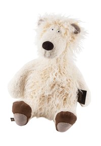 Stuffed bear with fluffy white fur, a round beige snout, small black nose, and brown feet. Features soft texture and light-colored accents.