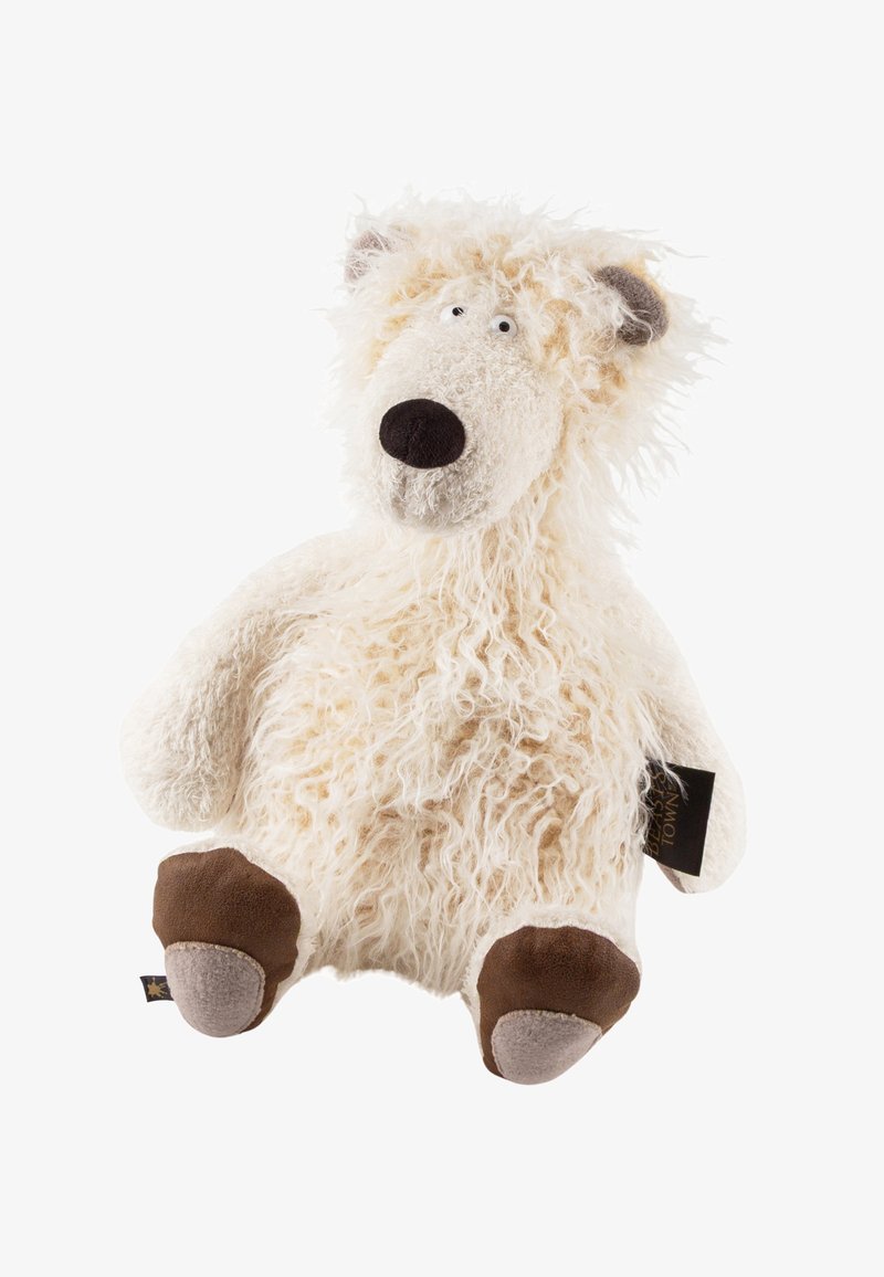 Stuffed bear with fluffy white fur, a round beige snout, small black nose, and brown feet. Features soft texture and light-colored accents.