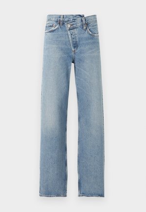 Blugi din denim albastru deschis, cu picior drept, talie înaltă, cinci buzunare și închidere cu nasturi, având un detaliu asimetric pe talie.