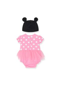 Pink polka dot onesie with short sleeves, tulle skirt, and snap buttons; accompanied by a black hat with round ears.