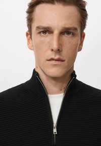 Młody mężczyzna o jasnobrązowych włosach i zielonych oczach, ubrany w czarny sweter na zamek na białą koszulę, na jednolitym białym tle.