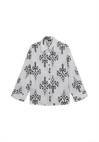 Camicia con bottoni in tessuto leggero, bianca con un intricato motivo geometrico nero, maniche lunghe e colletto classico con chiusura a bottoni.