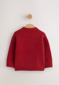 Pull rouge tricoté avec un col rond, des épaules tombantes, et des poignets et un ourlet côtelés. Présenté sur un cintre en bois contre un fond clair.