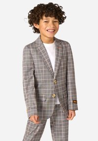Completo a quadri grigio con accenti azzurri, gialli e bianchi. Presenta bottoni dorati, una toppa sulla manica e un design di rever classico.
